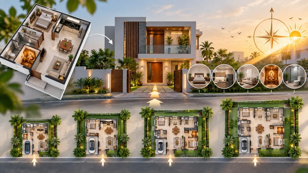 East facing house vastu plan with floor layouts and room placement