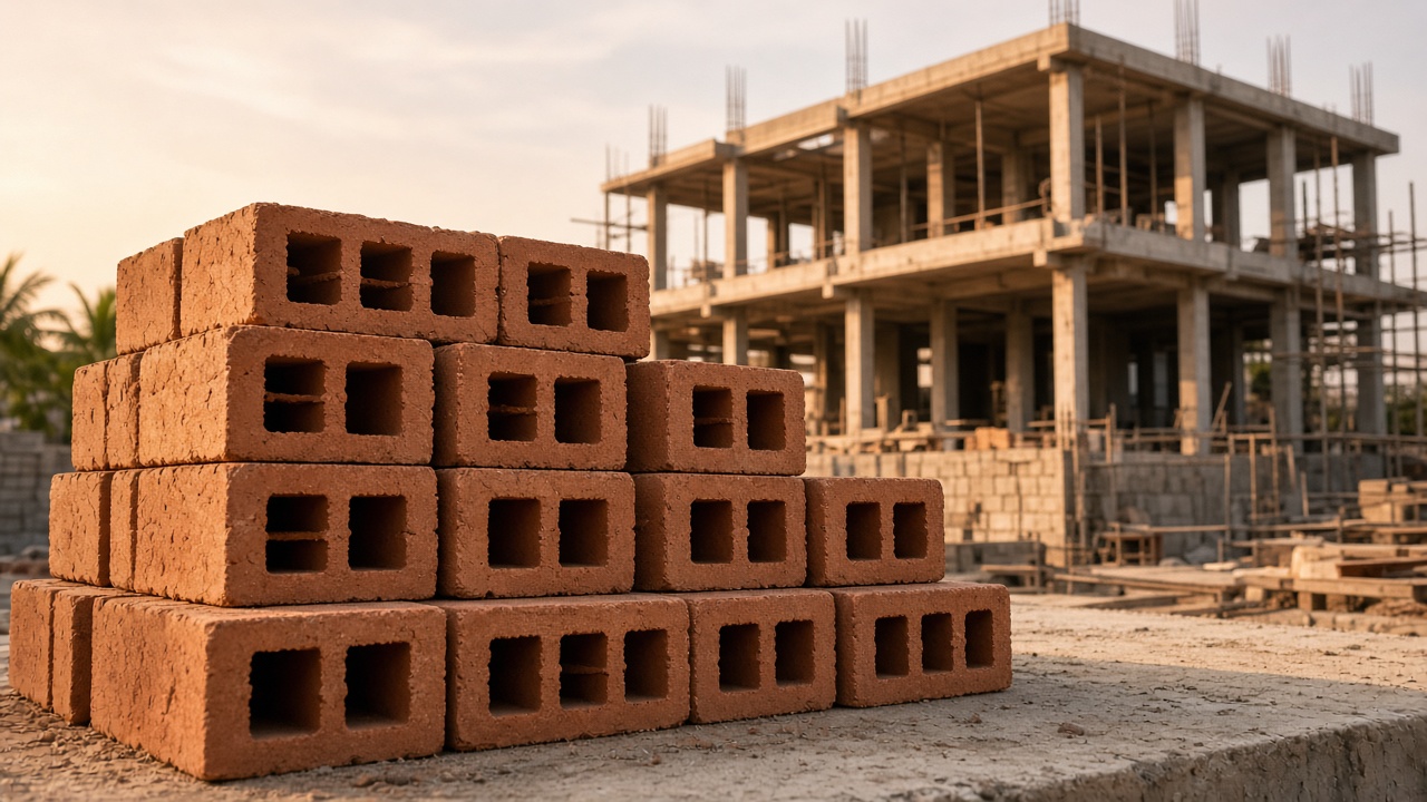 Hollow clay Porotherm bricks stacked on a Chennai house construction site